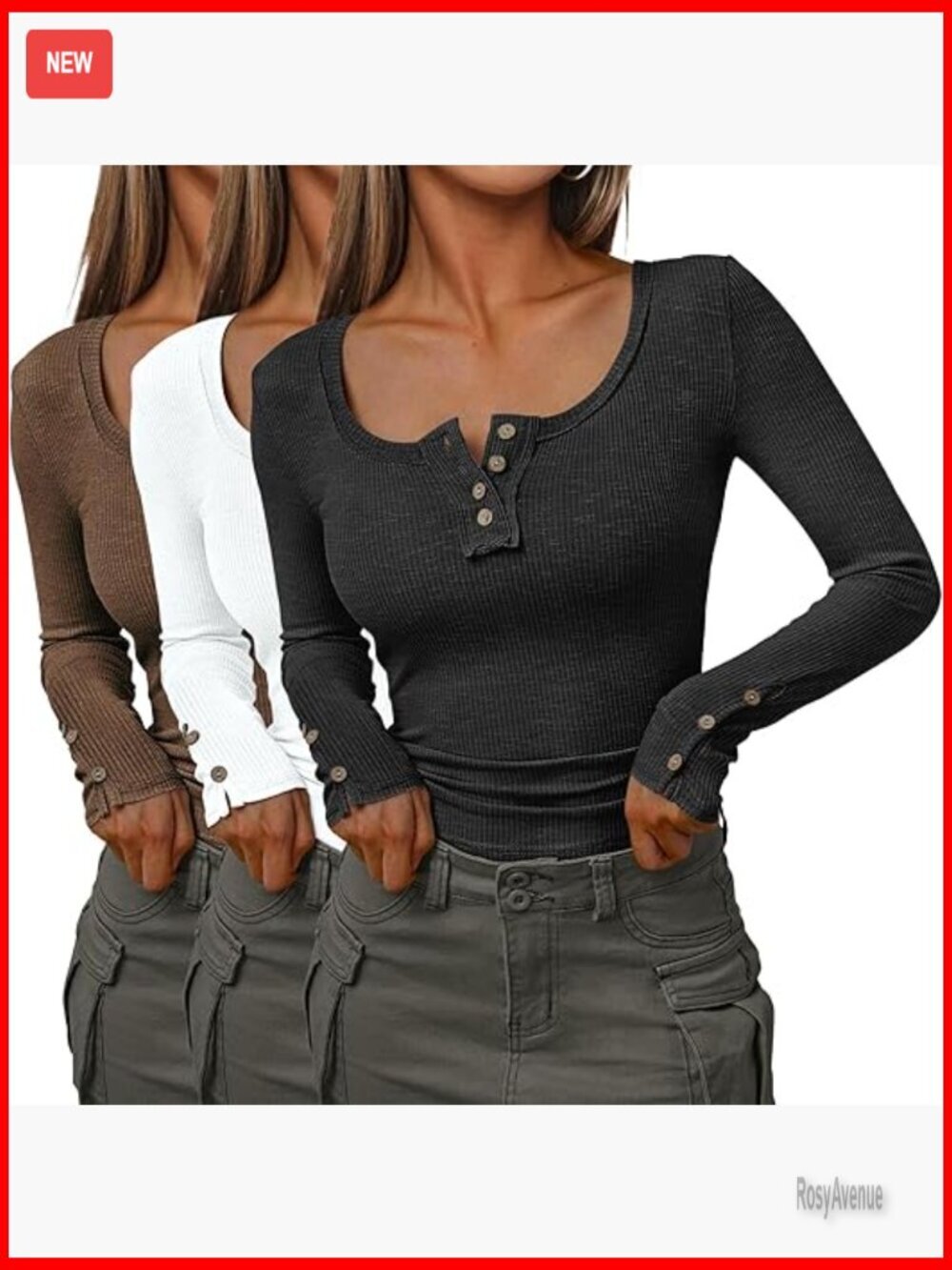3 Pack Ribbed Henley Long Sleeve T-Shirts Regular Fit Cotton Spandex Blend